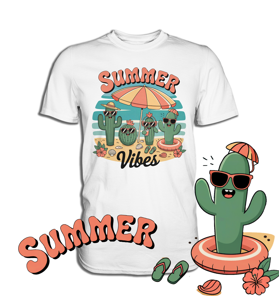 Weißes T-Shirt mit Aufschrift "Summer Vibes" und Retro Kakteen Motiv im Comic Style. Recht vorne auf dem Bild eine große Abbildung des Kaktus in Comic-Style.