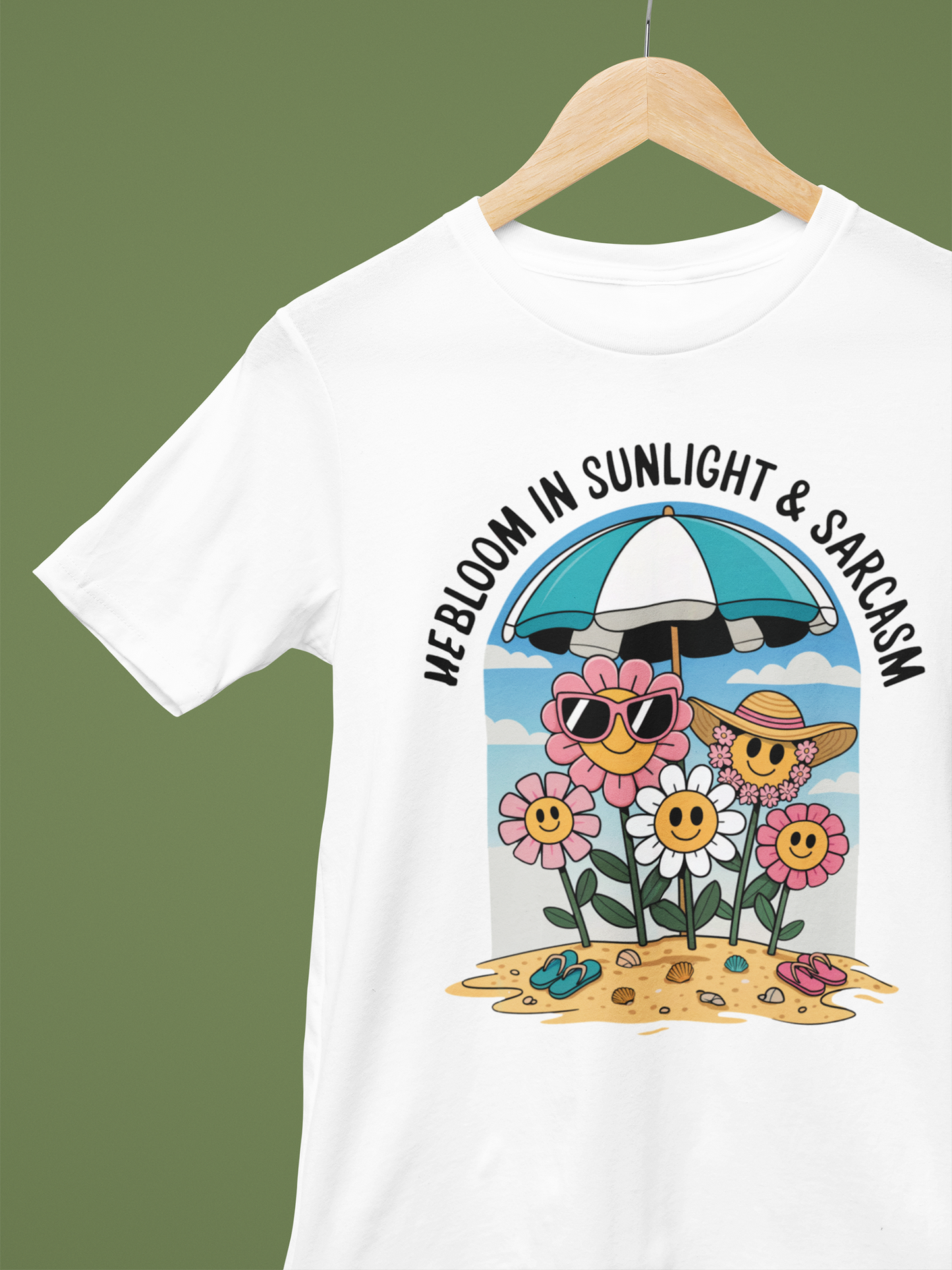 We Bloom in Sunlight and Sarcasm – Crazy Flower Gang | Premium T-Shirt mit Strand-Blumen für Sonnenkinder & Zyniker