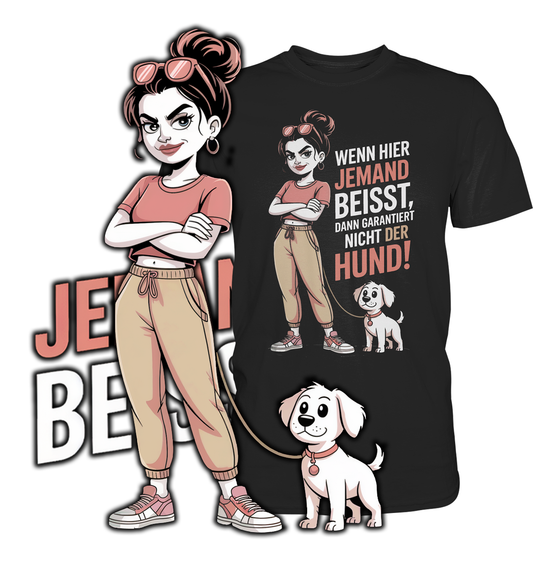 T-Shirt mit weißem Textmotiv: „Wenn hier jemand beißt, dann garantiert nicht der Hund.“ – vergrößerte Darstellung des Motives, ein Mödchen mit Hund, am linken Bildrand