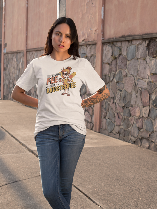 Mädchen mit trägt ein weißes T-Shirt mit Text: „Ich bin eine Fee. Eine Katastrofee.“ und Jeanshose. 