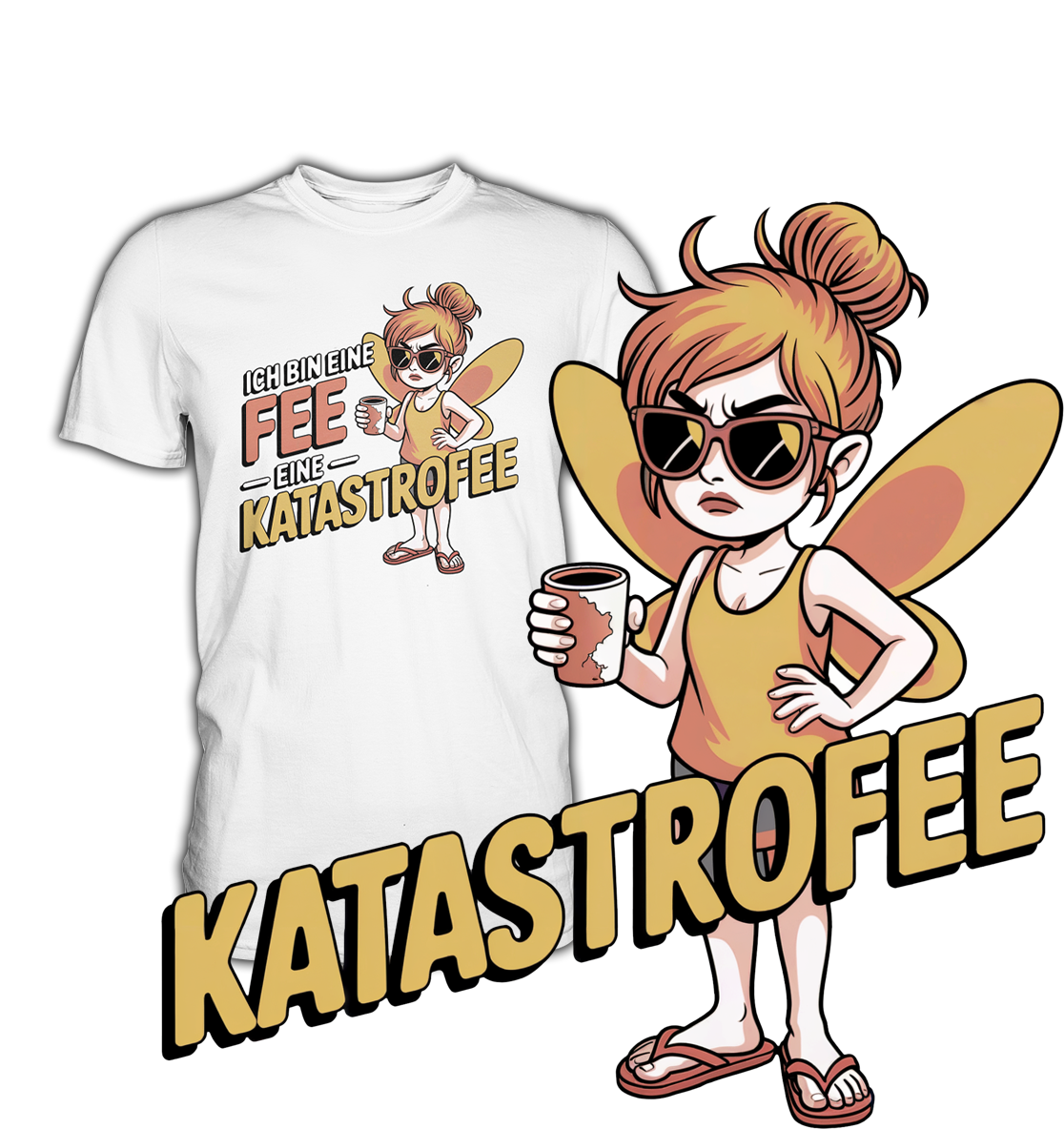 Weißes T-Shirt mit Text: „Ich bin eine Fee. Eine Katastrofee.“. Im Vordergrund rechts eine Fee mit Kaffeebecher. Und vorne mittig groß der Schriftzug "Katastrofee"