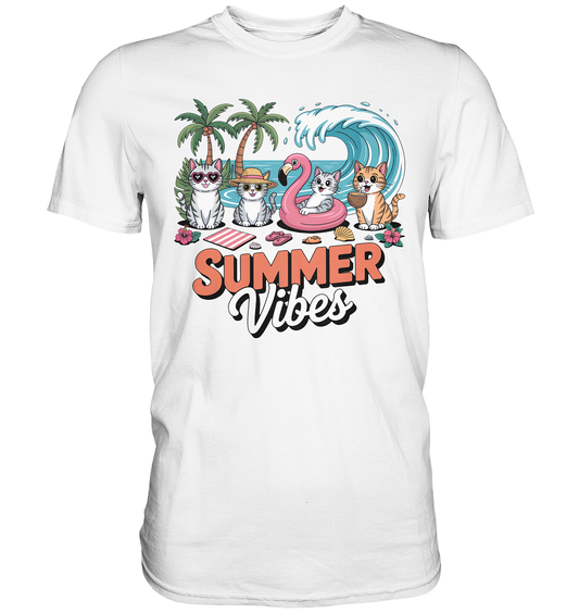 Weißes T-Shirt mit Motiv: vier Katzen am Strand mit Sonnenbrille, Strohhut und Sommer-Accessoires, Text „Summer Vibes“