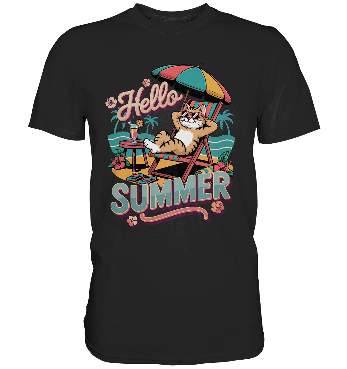 Schwarzes T-Shirt mit Katzenmotiv und großer Schrift "Hello Summer"
