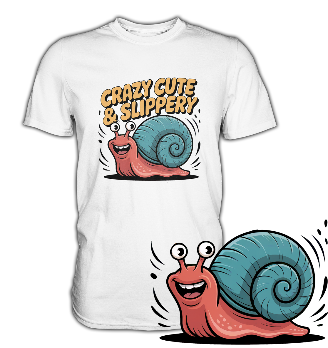 Weißes T-Shirt mit bunter Schnecke und Spruch "Crazy, cute & slippery". Am rechten unteren Bildrand die vergrößerte Darstellung der Schnecke. 