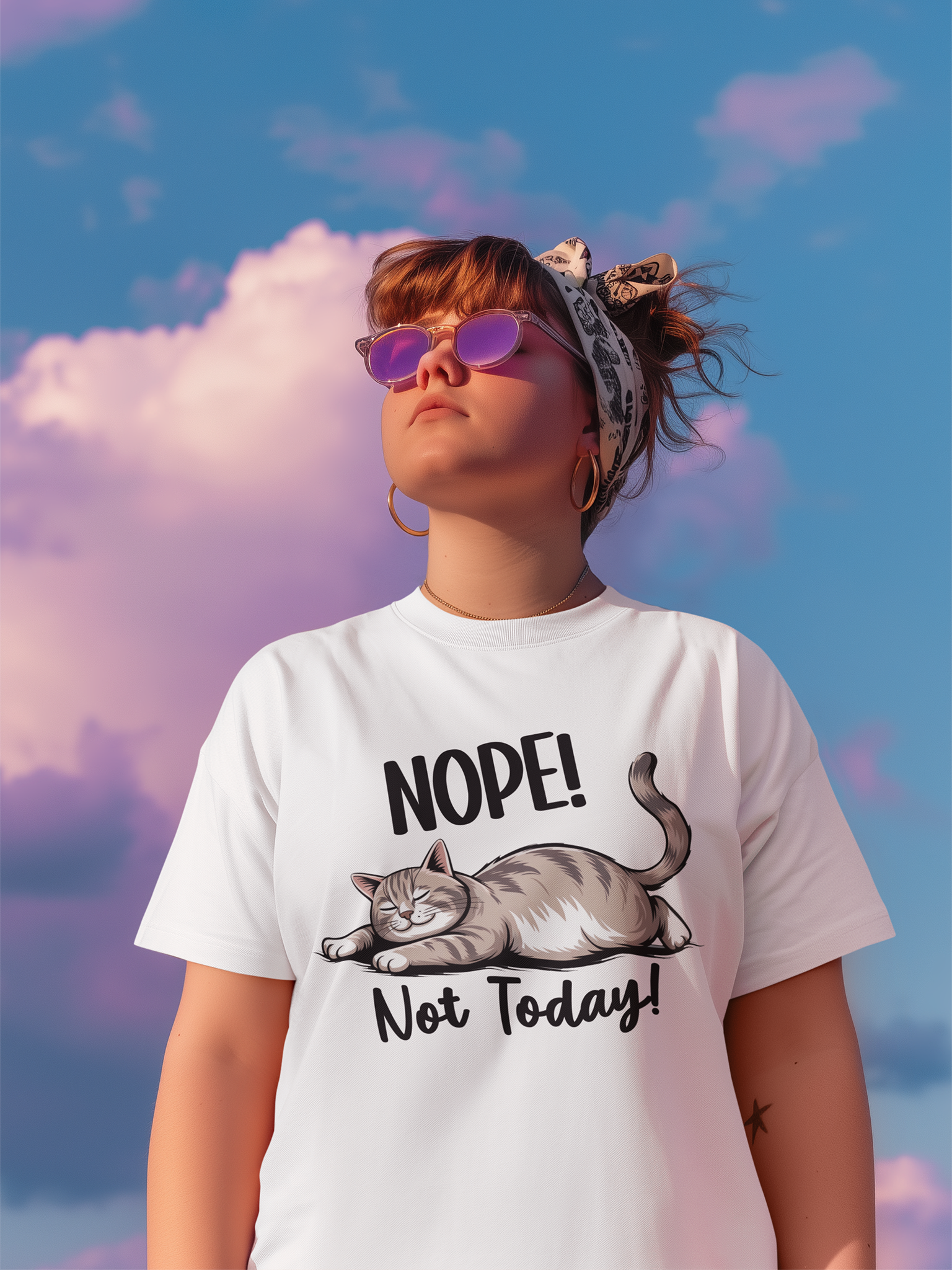 Junge Frau mit Sonnenbrille trägt weißes T-Shirt mit Katze & Spruch „Nope. Not today.“, Oberkörperansicht