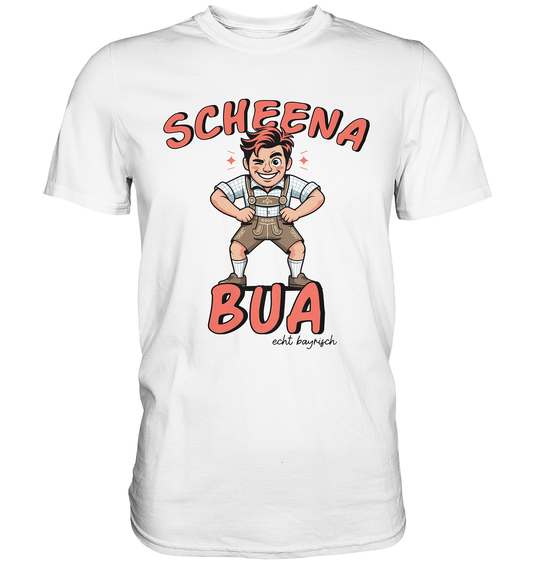 Weißes T-Shirt mit weißem bayerischen Schriftzug „Scheena Bua“ und bayrischer Comic-Figur