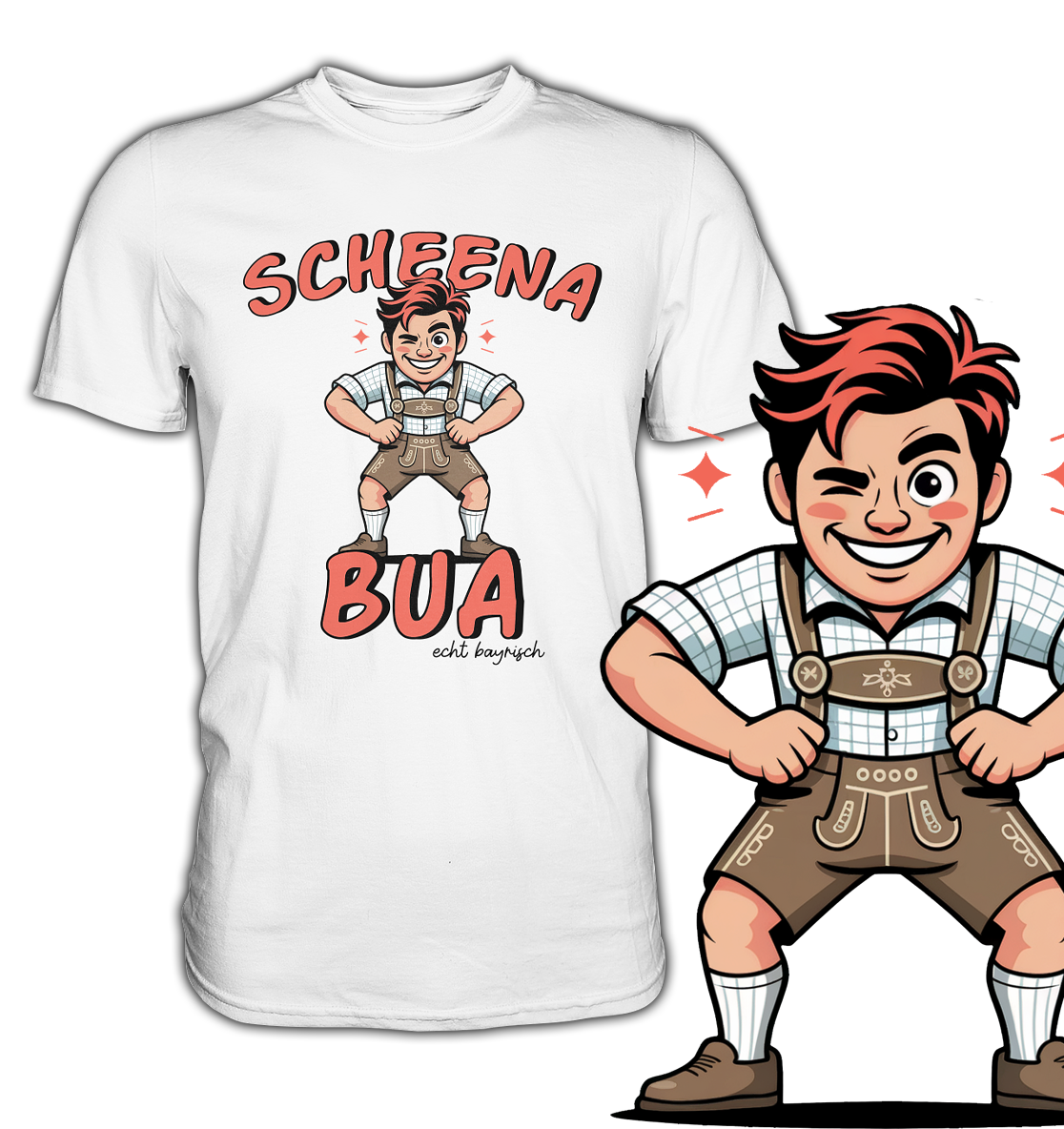 Weißes T-Shirt mit „Scheena Bua“ Text, Motiv unten rechts vergrößert dargestellt