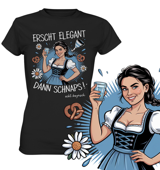 Schwarzes T-Shirt mit Dirndl-Madl und Schnapsspruch, Motiv am rechten unteren Bildrand vergrößert dargestellt