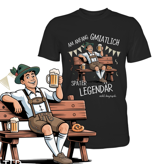 Schwarzes T-Shirt mit bayerischem Spruchtext, Motiv links im Bild vergrößert dargestellt