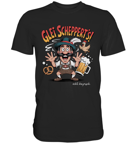 Schwarzes T-Shirt mit Aufschrift "Glei schppert´s. Echt bayrisch" und Bayern-Motiv: Mann in Lederhose und Masskrug.