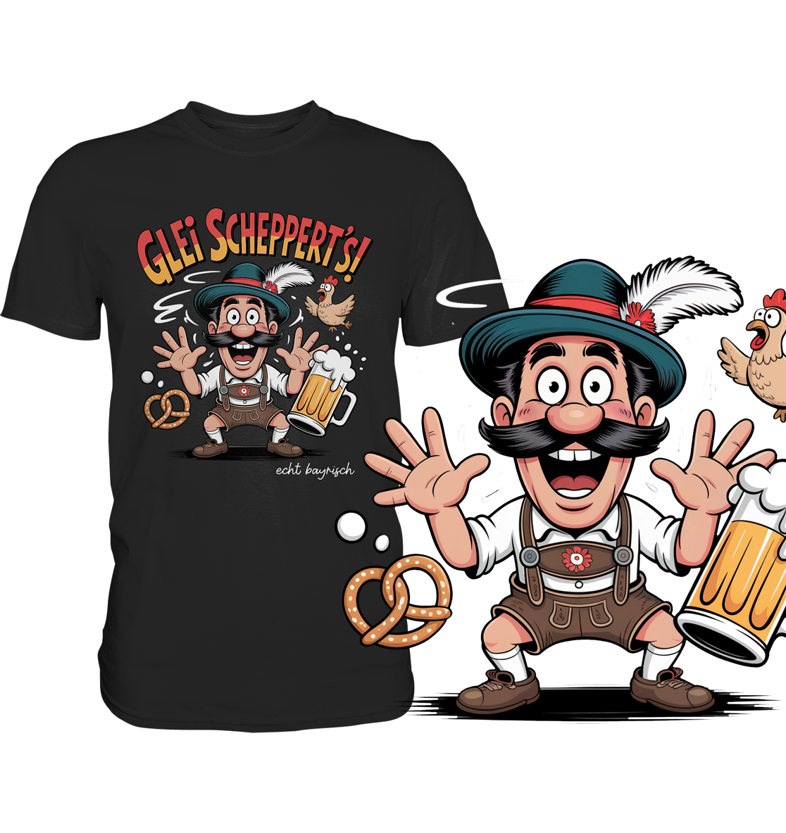 Schwarzes T-Shirt mit Aufschrift "Glei schppert´s. Echt bayrisch" und Bayern-Motiv: Mann in Lederhose und Masskrug. Rechts im Bil eine vergrößerte Darstellung des Motivs.