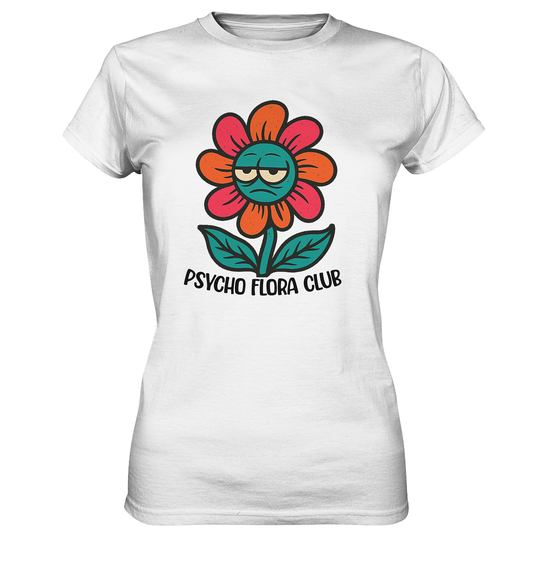 Weißes T-Shirt mit Retro-Blume mir Augen und Schriftzug „Psycho Flora Club“