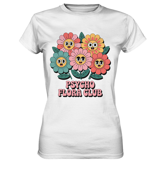 Weißes T-Shirt mit bunten 70s-Blumen und Schriftzug „Psycho Flora Club“