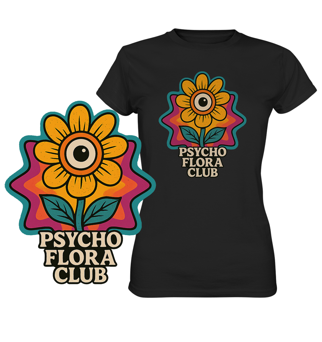 Shirt mit einzelner Blume und „Psycho Flora Club“-Schriftzug. Vergrößerte Darstellung des Motives links im Bild