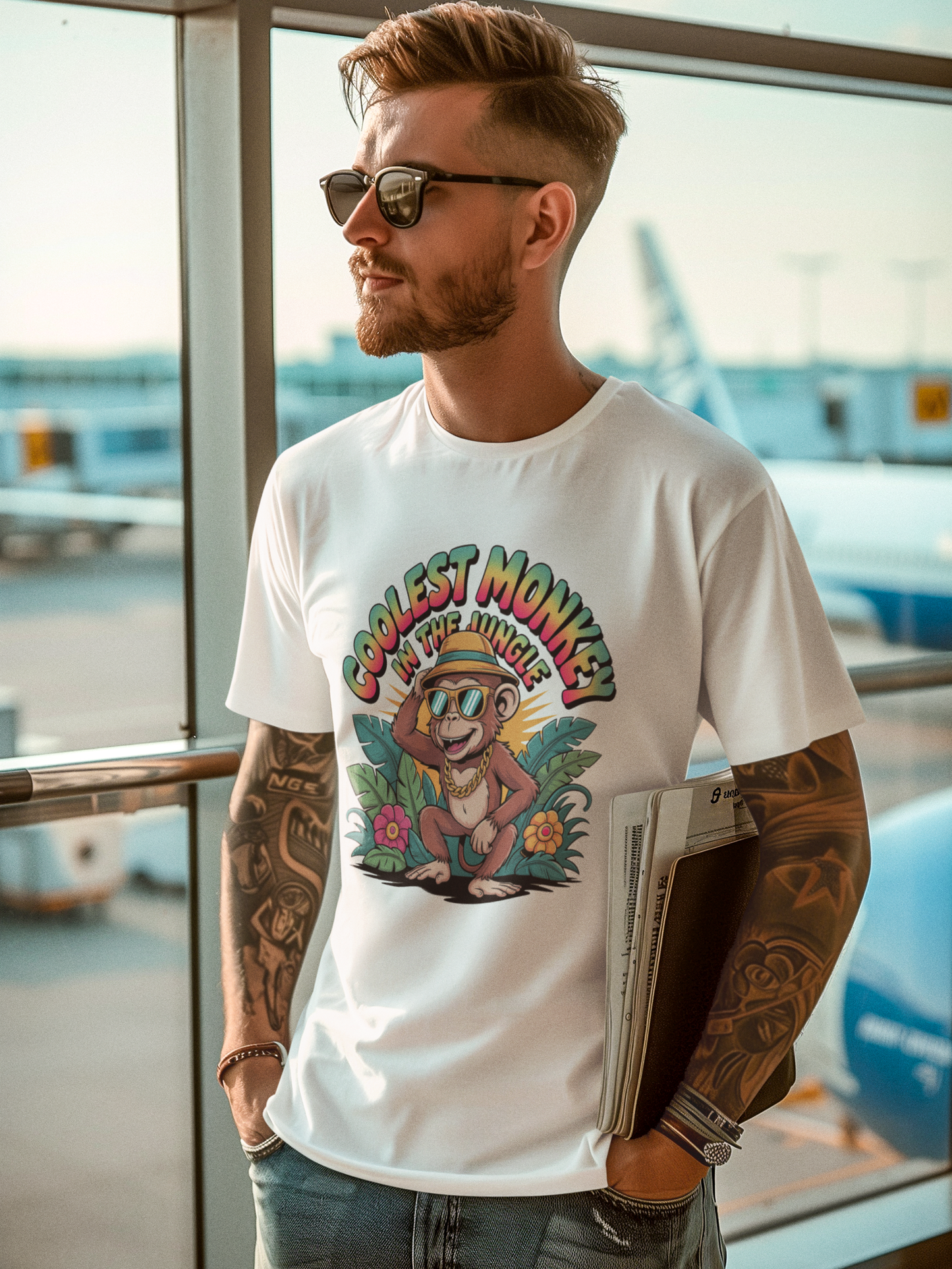 Junger Mann am Flughafen. Er trägt ein weißes T-Shirt mit tropischem Affenmotiv und Spruch „Coolest Monkey in the Jungle“