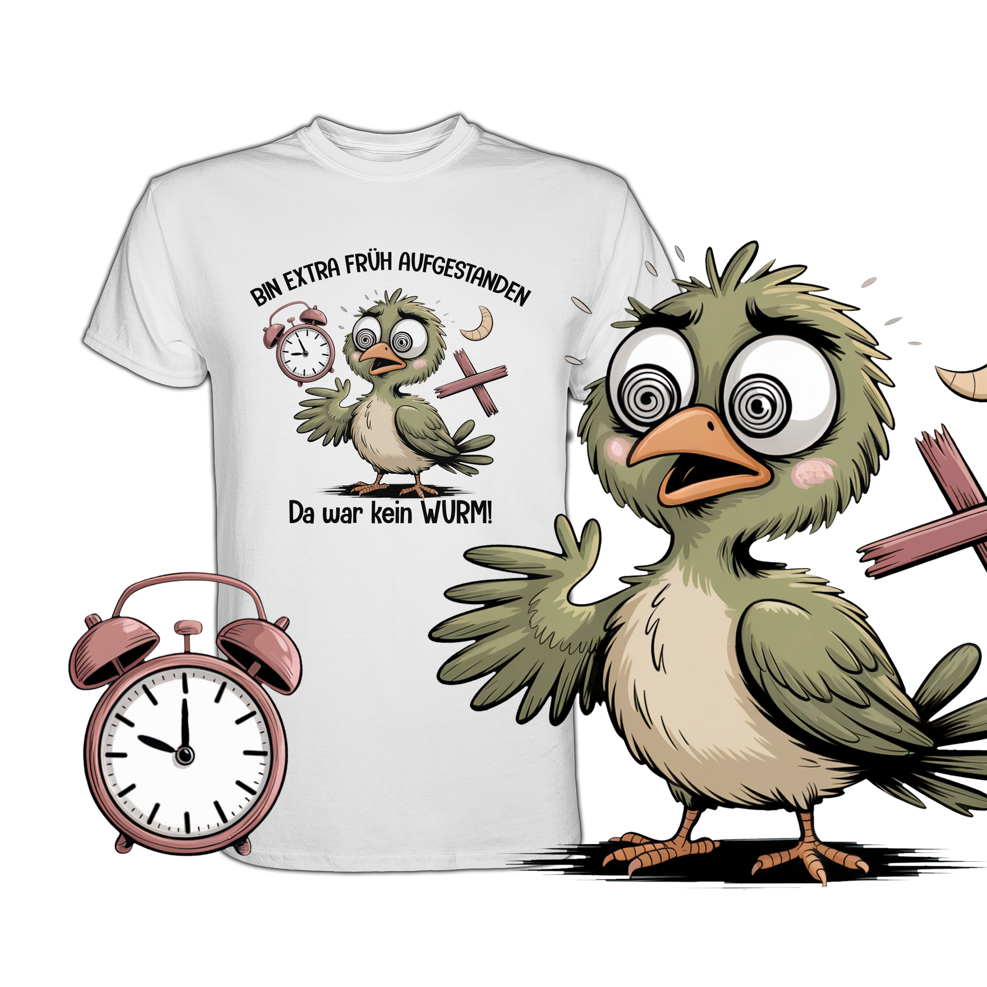 Weißes T-Shirt mit Vogel-Motiv und Text „Bin extra früh aufgestanden – Da war kein Wurm“, rechts eine vergrößerte Darstellung des Voegl-Motivs.