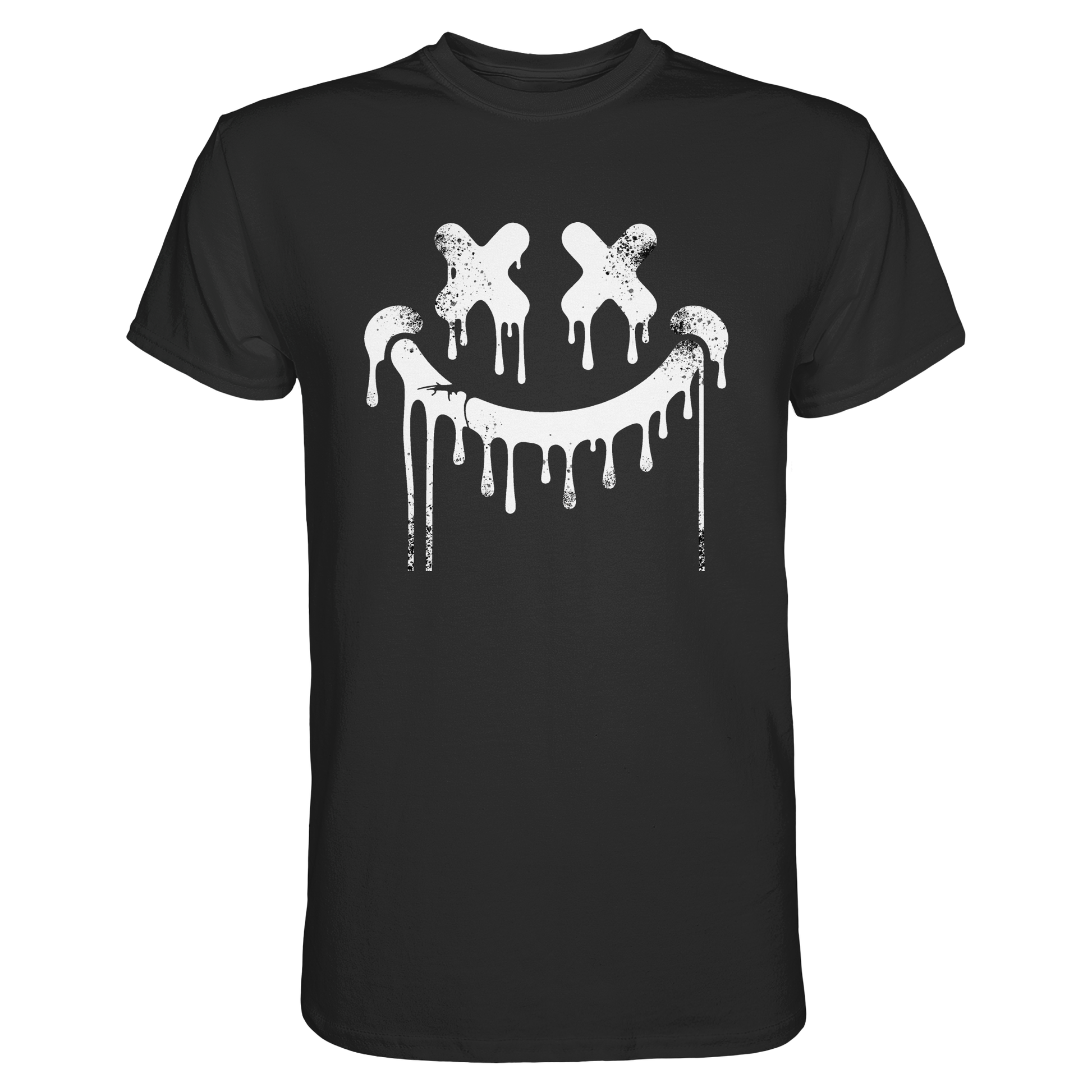 Schwarzes T-Shirt mit Smilie-Gesicht im Graffiti-Look.