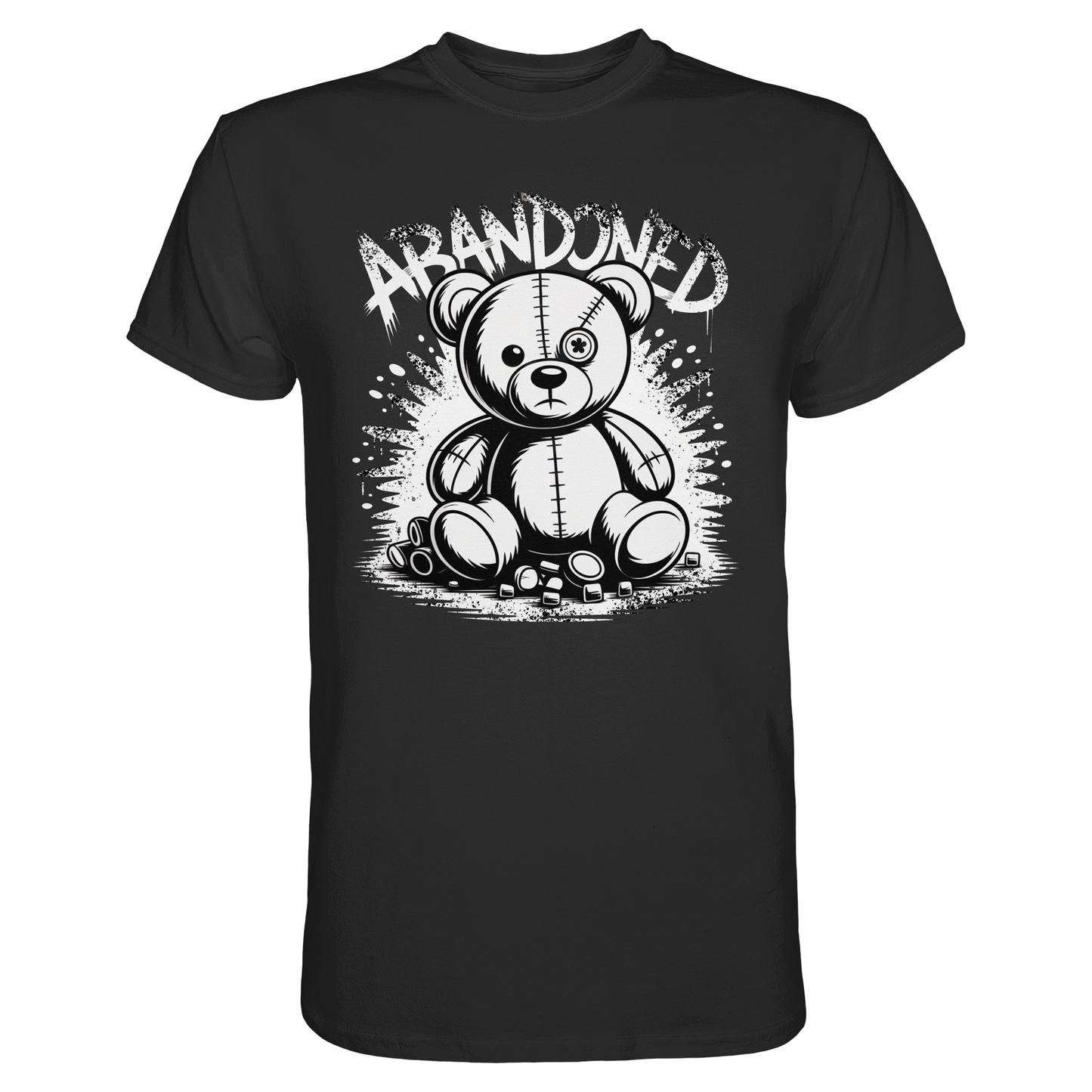 Schwarzes T-Shirt mit Graffiti-Motiv eines verlassenen Teddybären in urbanem Streetart-Stil