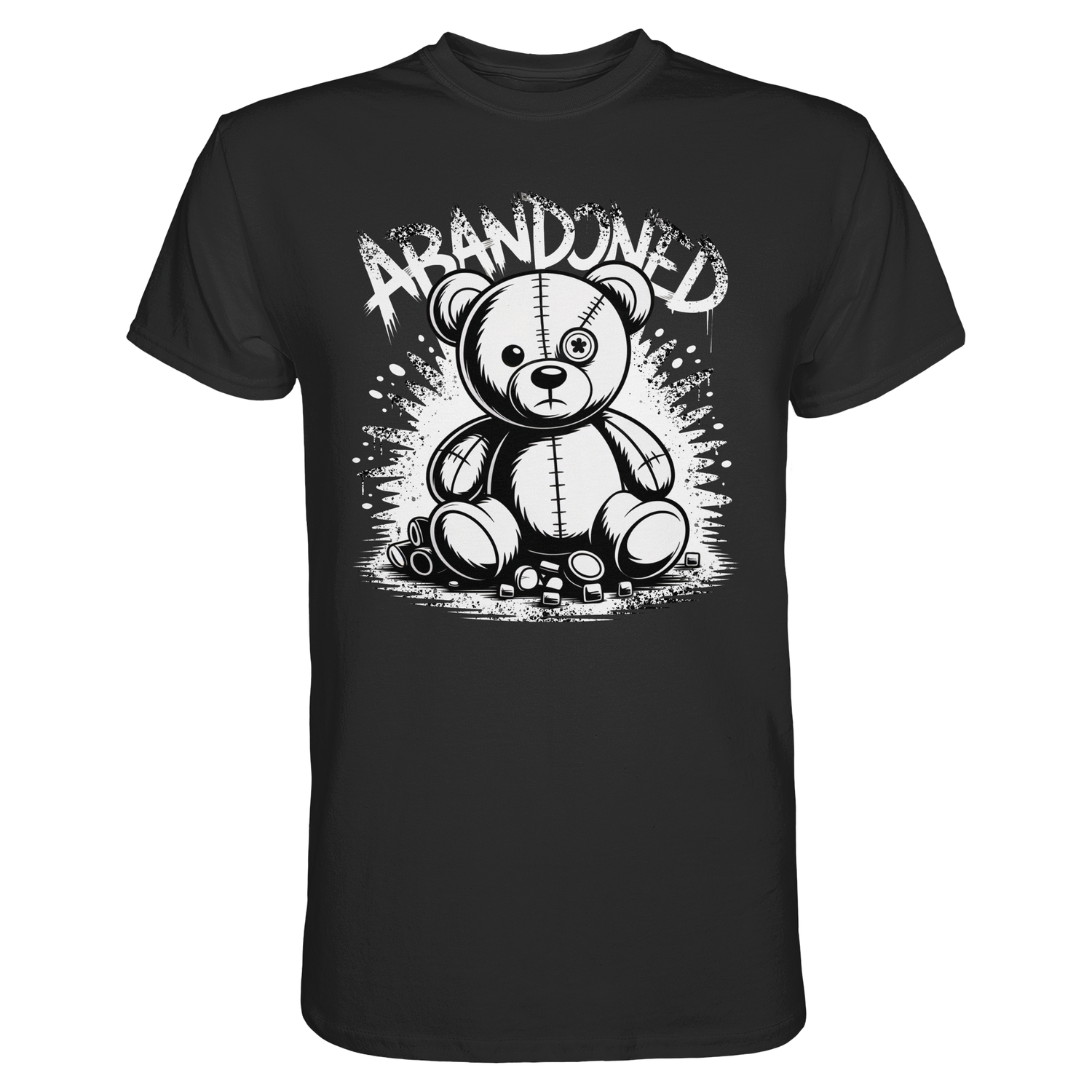 Schwarzes T-Shirt mit Graffiti-Motiv eines verlassenen Teddybären in urbanem Streetart-Stil