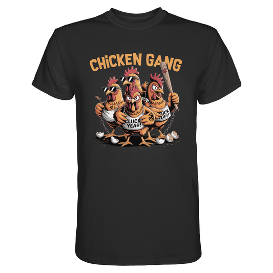 Schwarzes T-Shirt mit drei coolen Comic-Hühnern und dem Schriftzug „Chicken Gang“