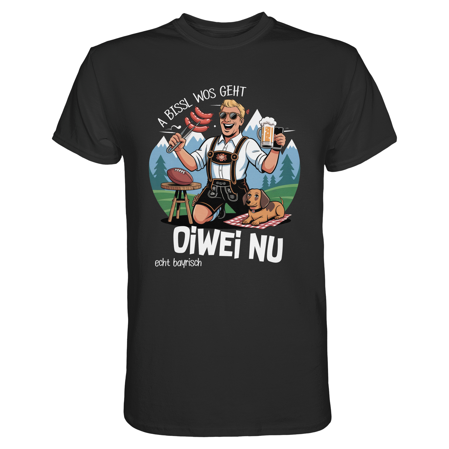 Schwarzes T-Shirt mit Spruch „A bissl wos geht oiwei nu“