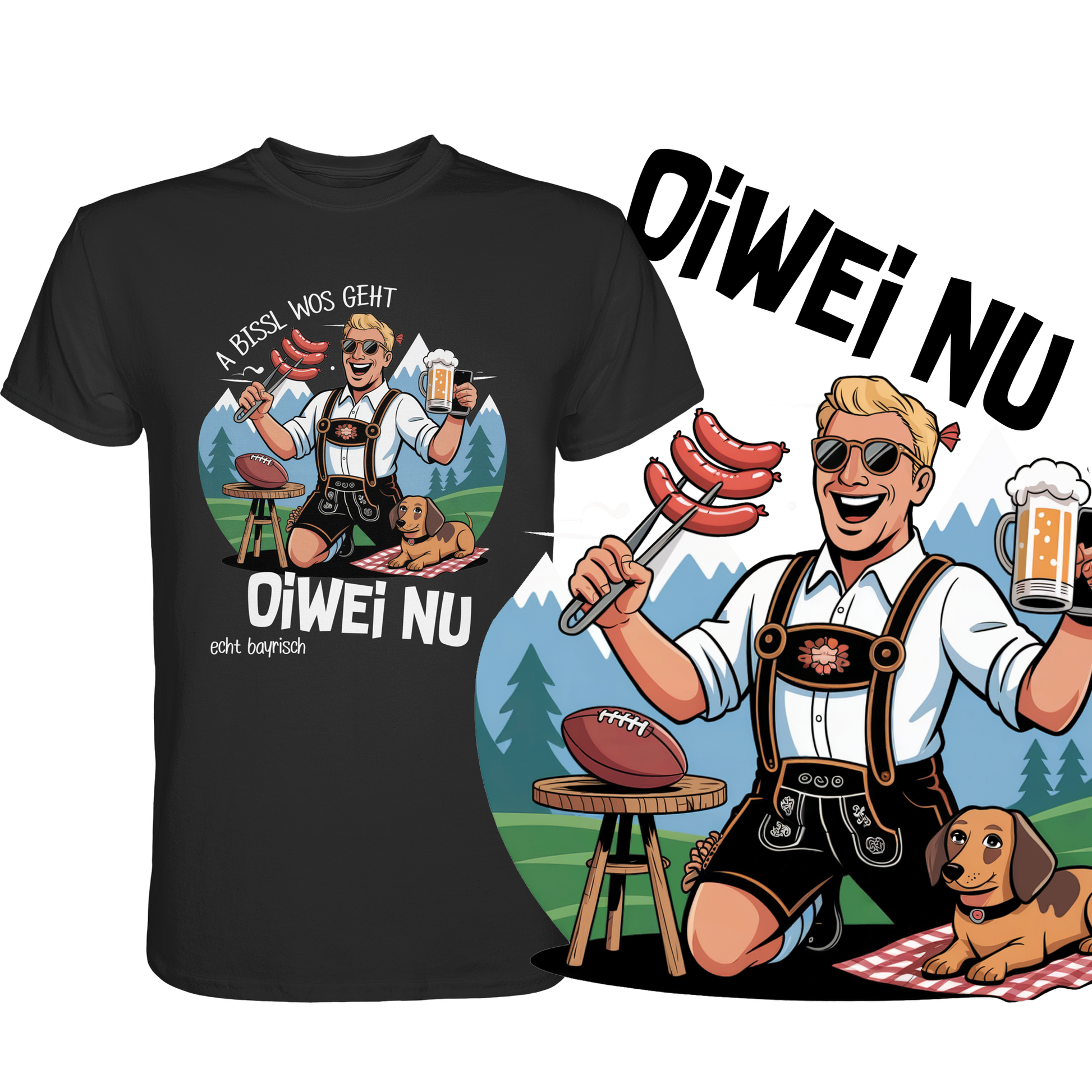 Schwarzes T-Shirt mit Spruch „A bissl wos geht oiwei nu“ und vergrößertem Motiv unten rechts