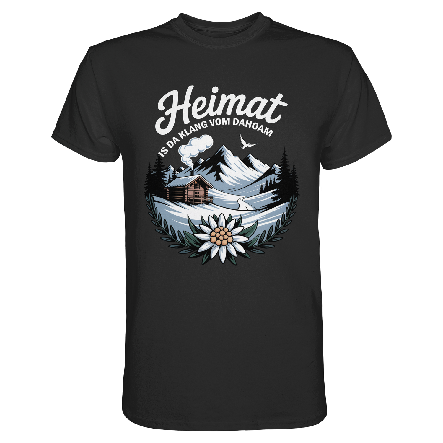 Schwarzes T-Shirt mit dem Spruch „Heimat is da Klang vom Dahoam“ und Bergmotiv mit Edelweiß