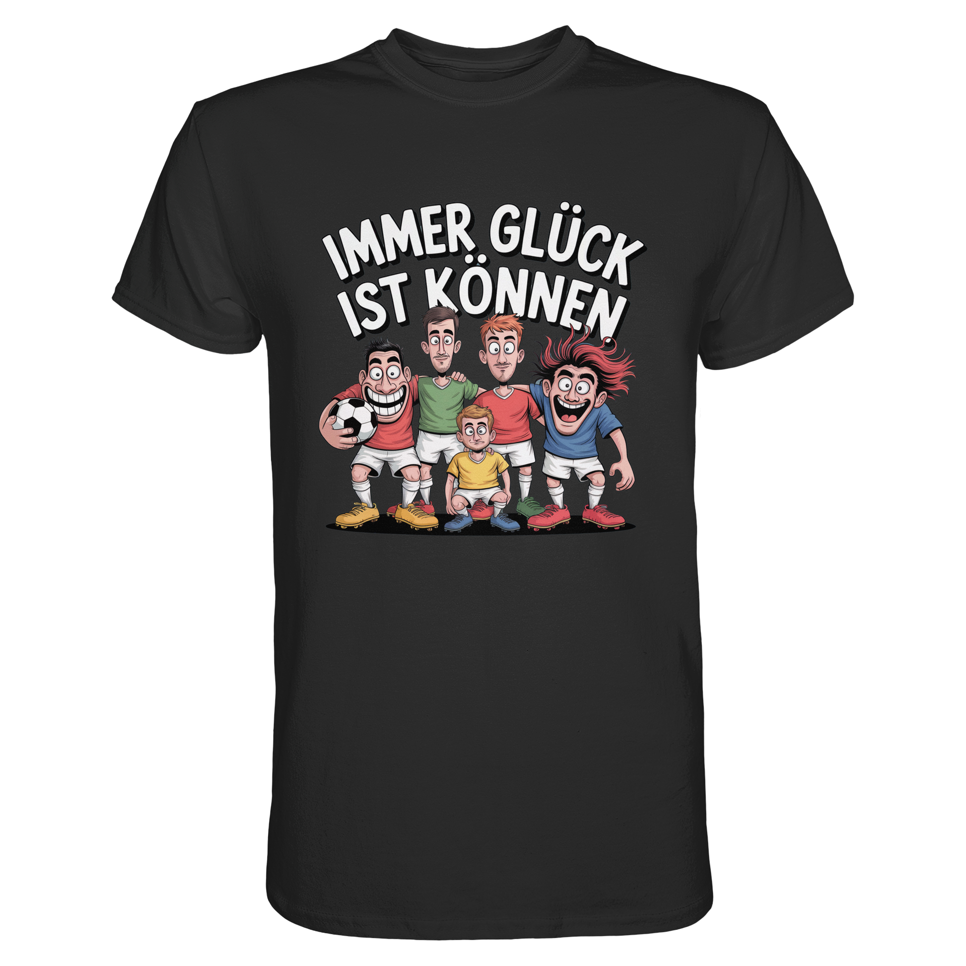 Schwarzes T-Shirt mit Spruch „Immer Glück ist Können“ und freakiger Fußballmannschaft
