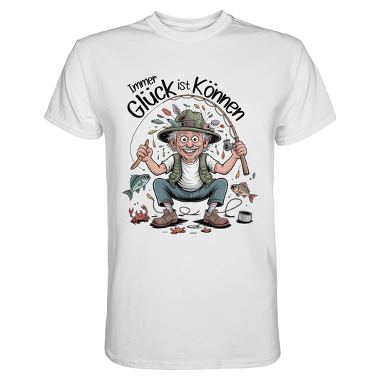 Weißes T-Shirt mit Spruch „Immer Glück ist Können“ und lustigem Anglermotiv