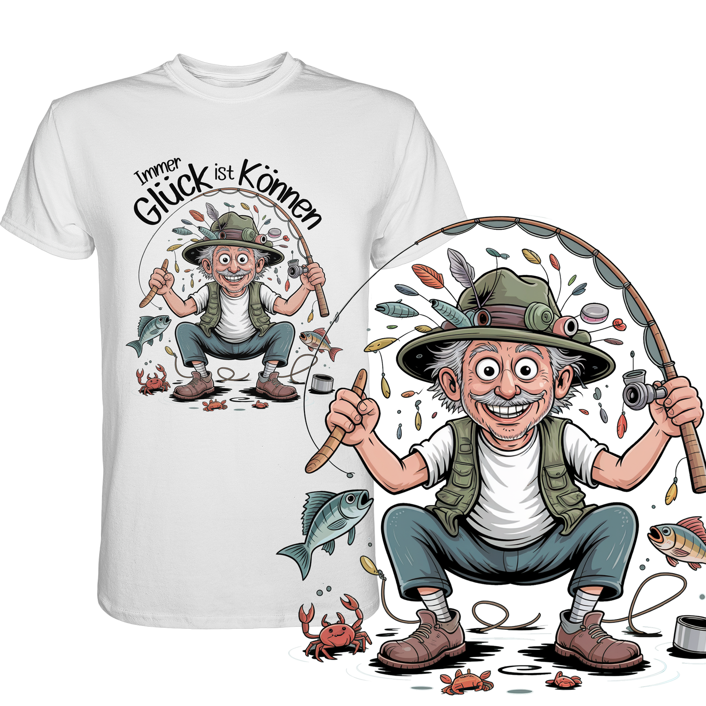 Weißes T-Shirt mit vergnügtem Angler und Spruch „Immer Glück ist Können“ mit vergrößertem Motiv unten rechts