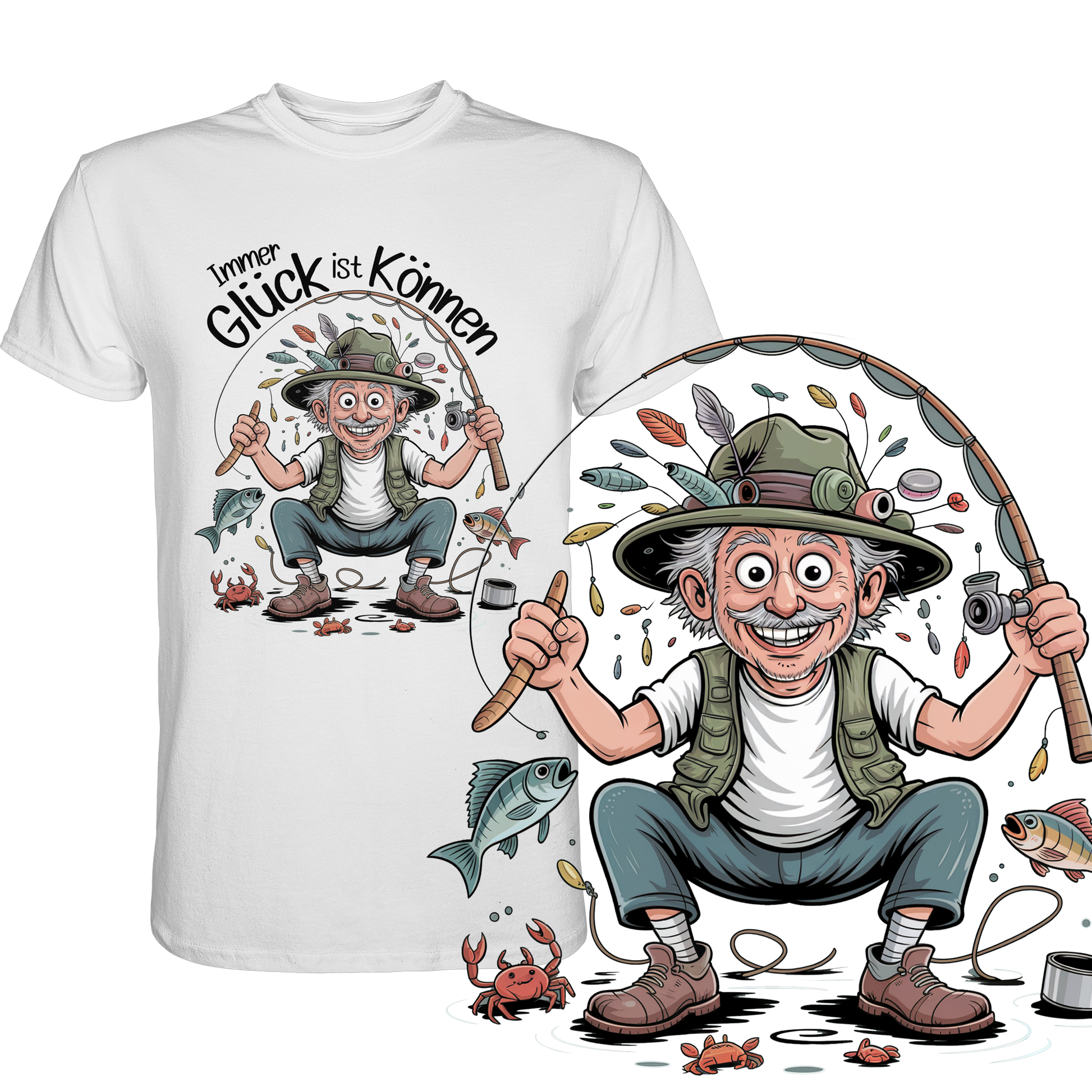Weißes T-Shirt mit vergnügtem Angler und Spruch „Immer Glück ist Können“ mit vergrößertem Motiv unten rechts