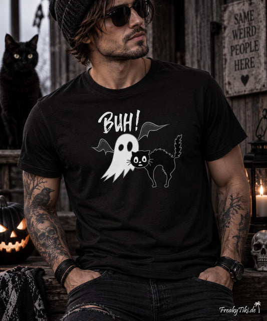 Buh Gespenst schwarze Katze Halloween T-Shirt schwarz Herren
