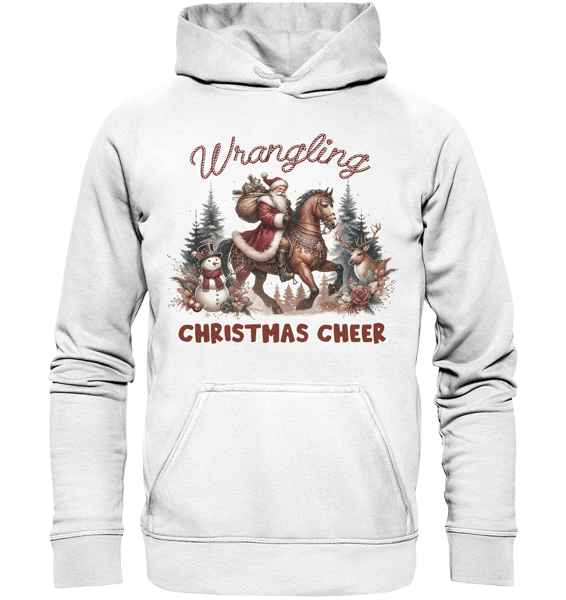 Weißer Hoodie mit Vintage-Motiv: Nikolaus reitet auf einem Pferd durch verschneiten Weihnachtswald