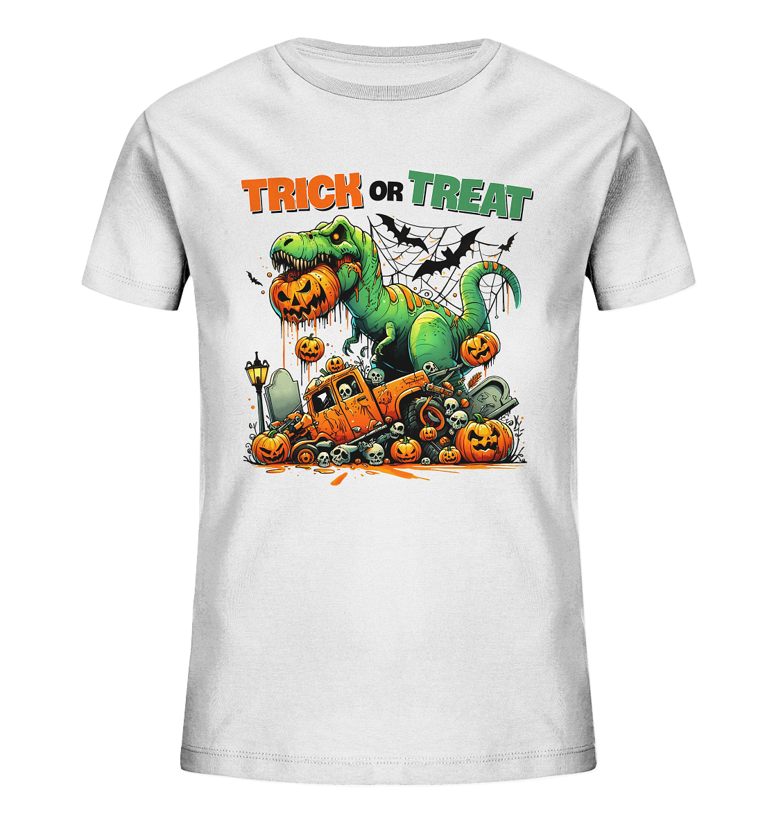 Bunter Dinosaurier im Halloween-Look mit Trick-or-Treat-Schrift als Motiv auf weißem Kinder-T-Shirt