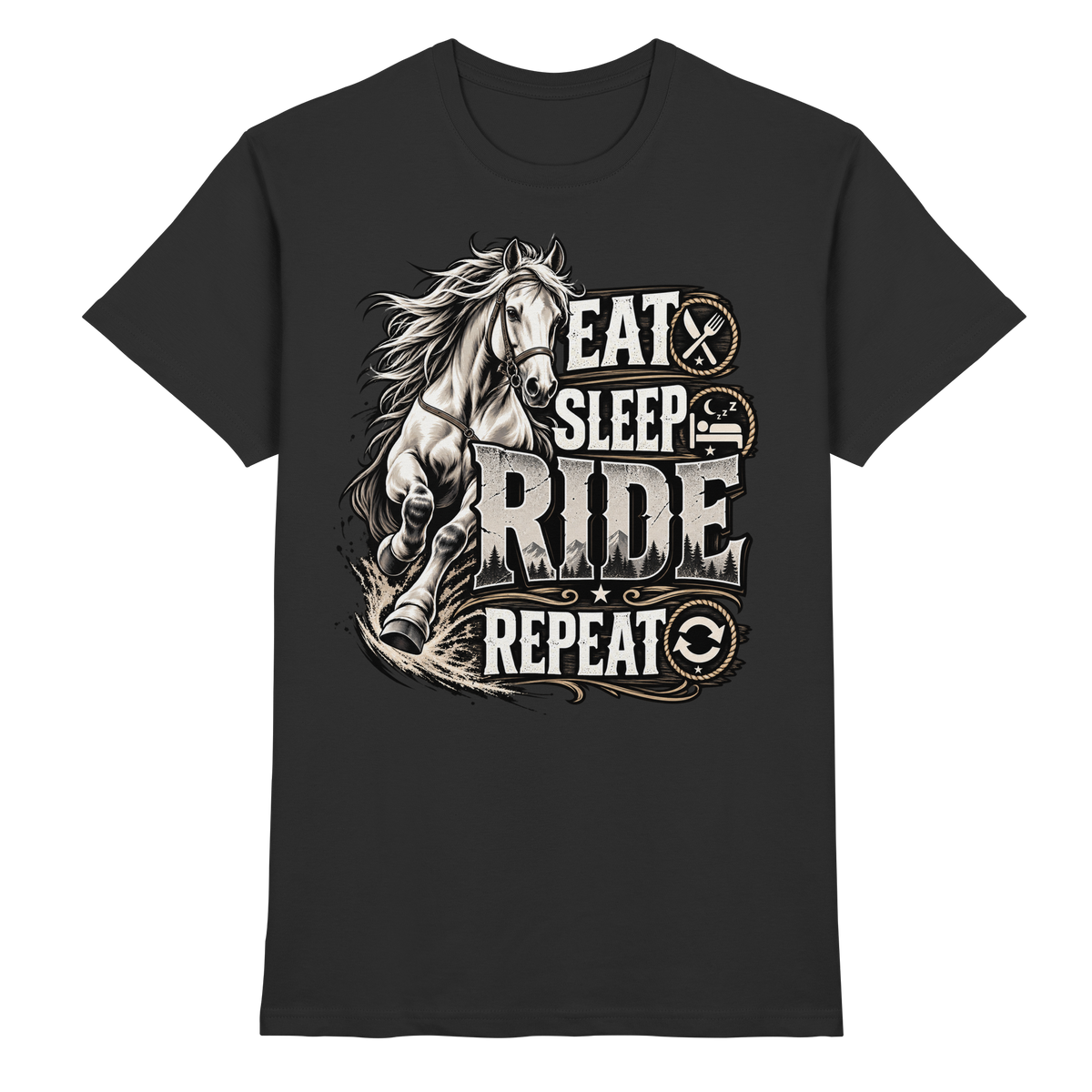 Eat Sleep Ride Repeat Pferde Reiter T-Shirt schwarz