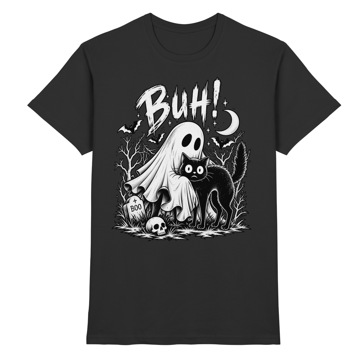Buh Katze mit Gespenst Halloween T-Shirt schwarz