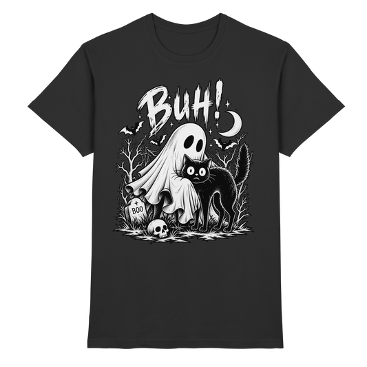 Buh Katze mit Gespenst Halloween T-Shirt schwarz
