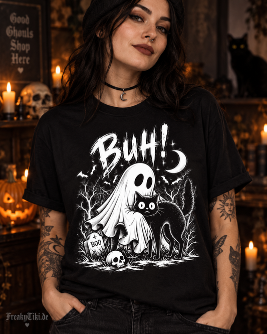 Buh Halloween T-Shirt schwarze Katze und Gespenst am Model