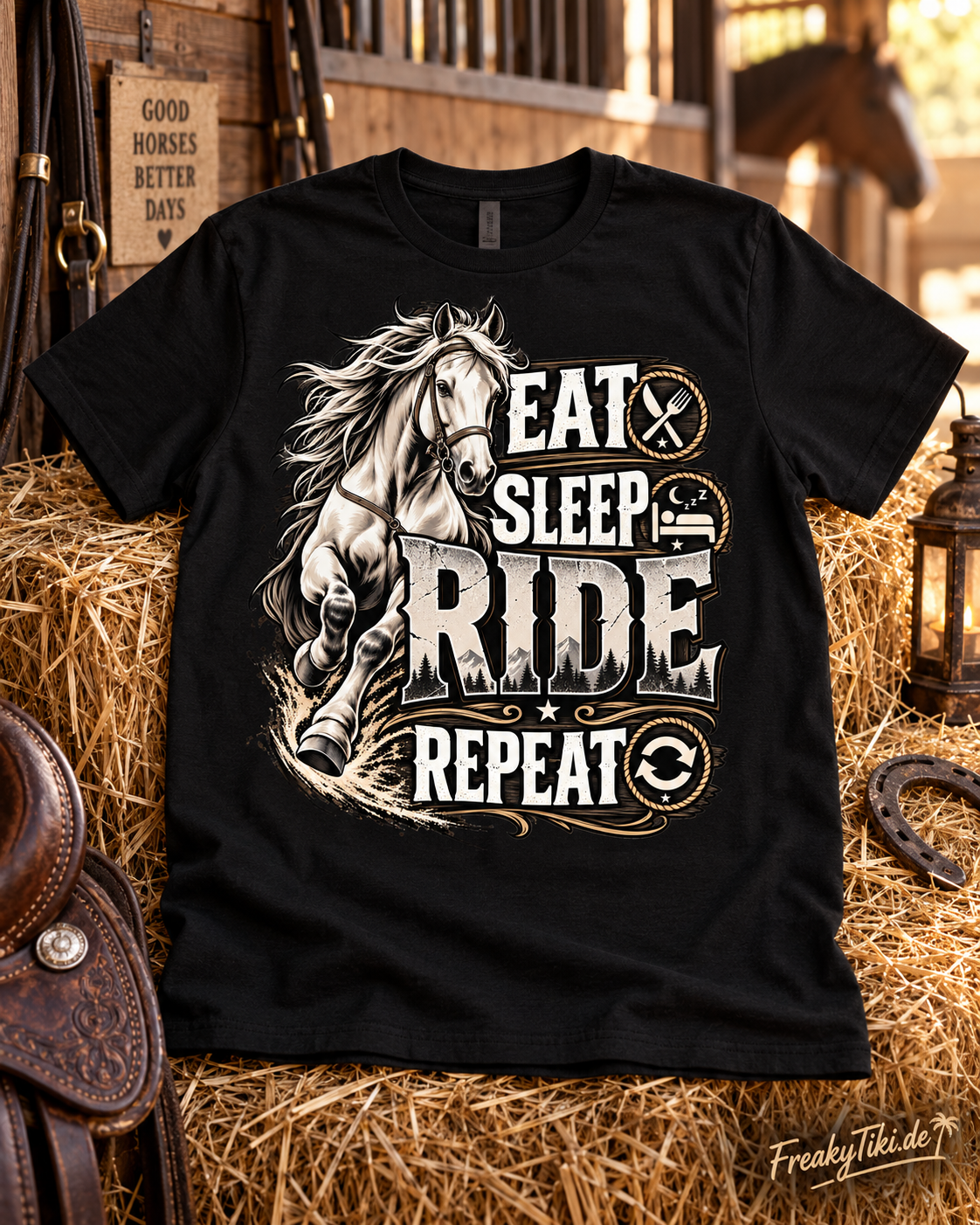 Pferde T-Shirt Eat Sleep Ride Repeat Reiterspruch am Model