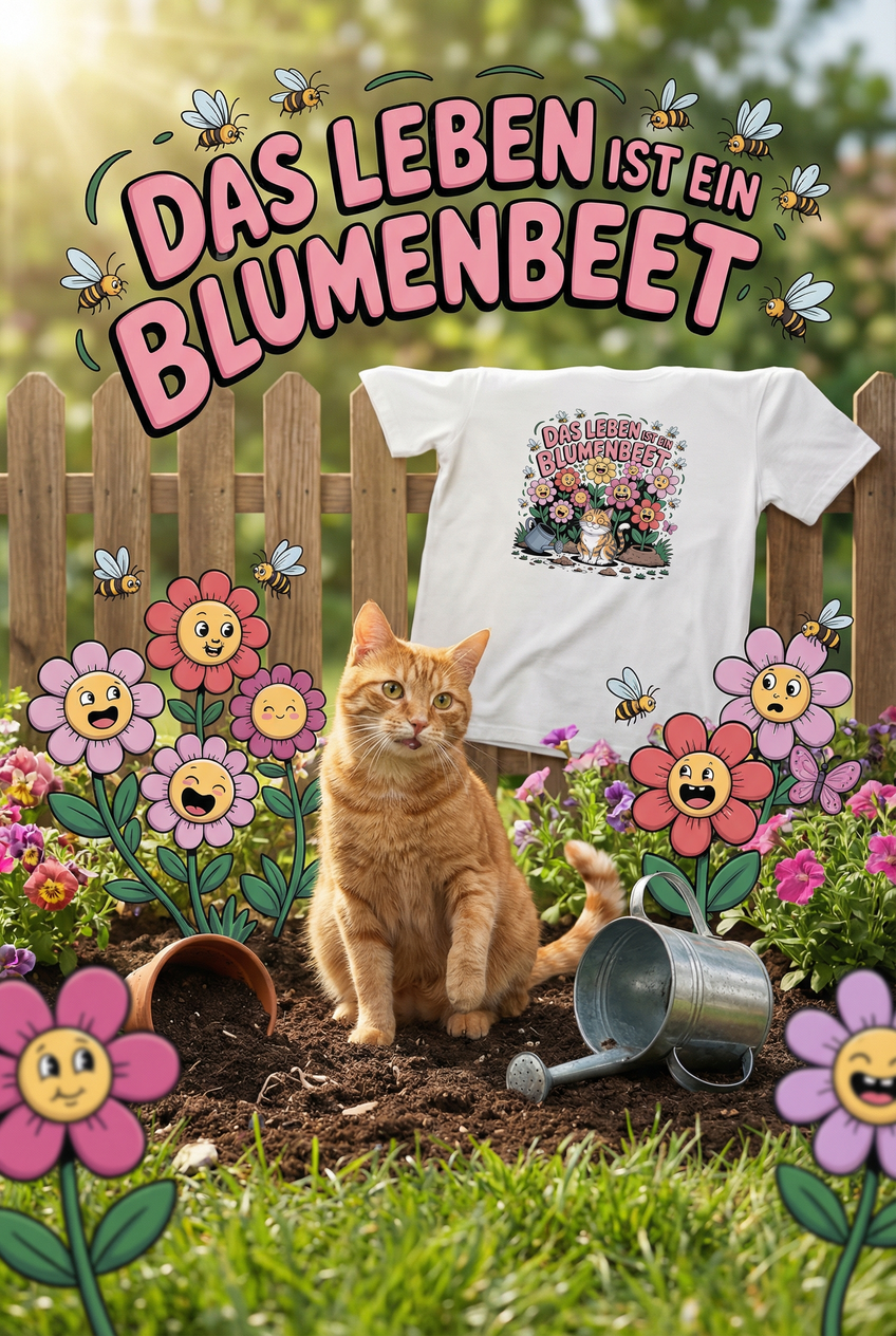 Das Leben ist ein Blumenbeet – und die Katze kackt drauf – T-Shirt