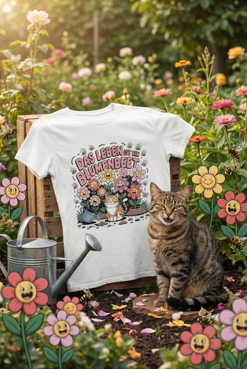 Das Leben ist ein Blumenbeet – und die Katze kackt drauf – T-Shirt