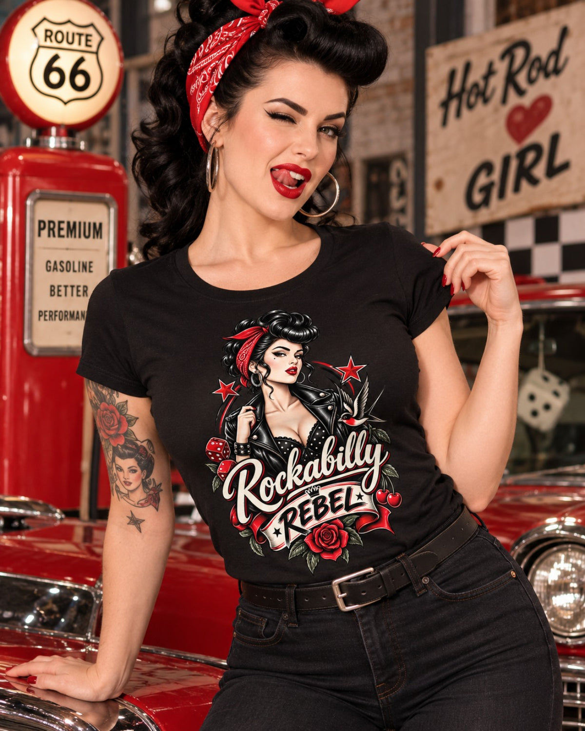 Rockabilly Rebel Rose schwarzes Ladies T-Shirt am Rockabilly Model – FreakyTiki