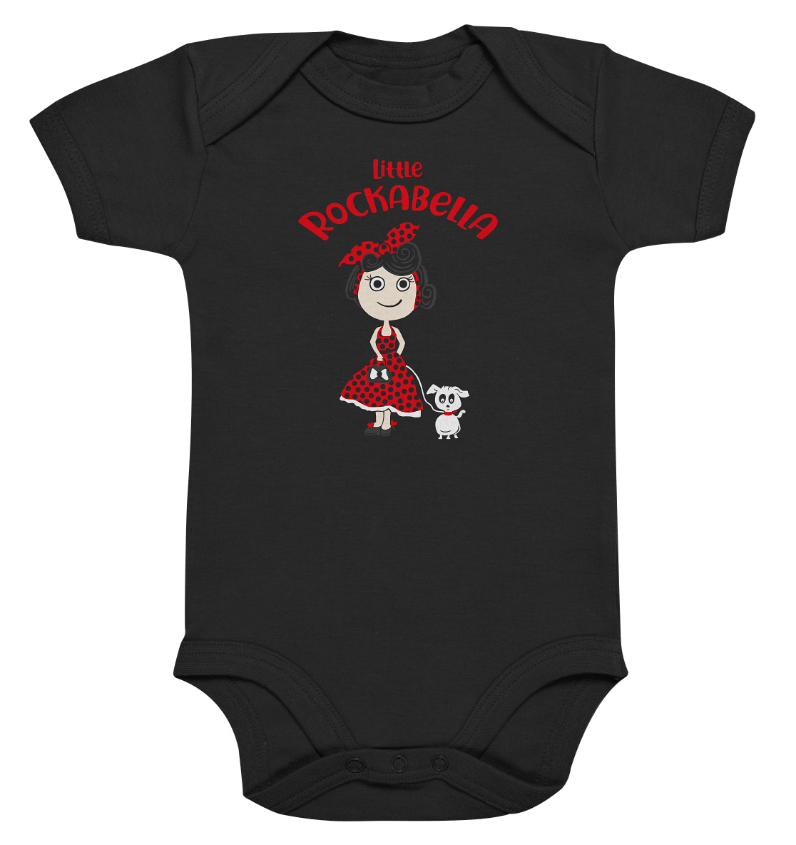 Babybody mit süßem Rockabella-Motiv im Retro-Stil – kurzer Strampler mit kleinem Rock’n’Roll-Girl auf der Vorderseite