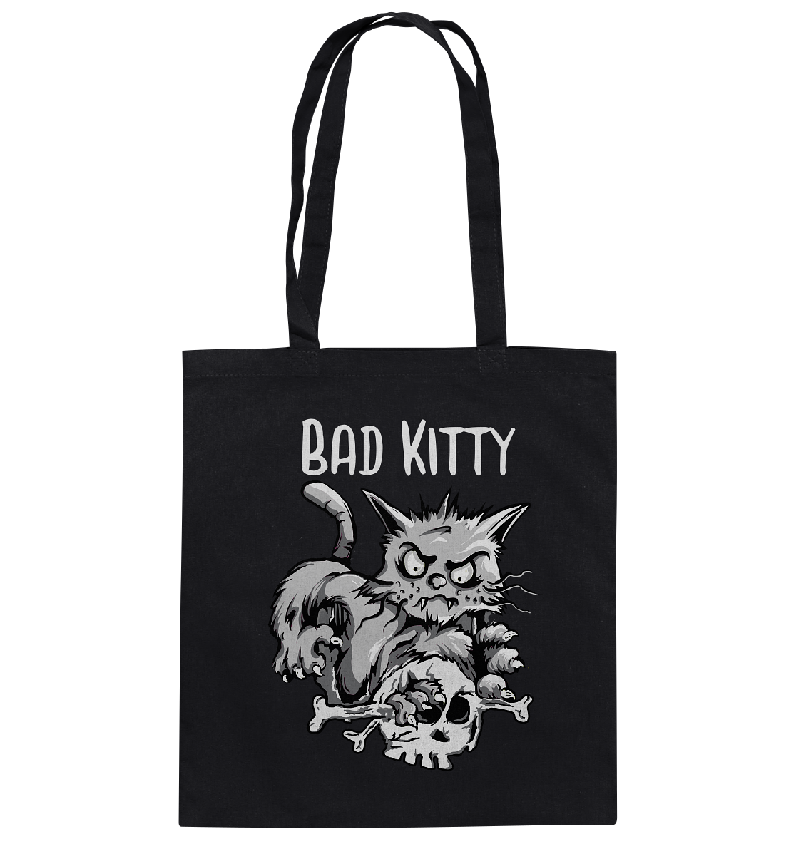 Bad Kitty mit Skull. Böse Gothic Katze - Baumwolltasche