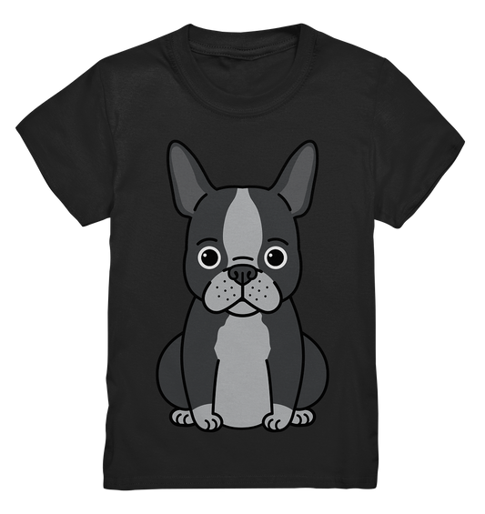 Schwarzes Kids T-Shirt mit großem Motiv einer süßen grau-schwarzen französischen Bulldogge auf der Vorderseite