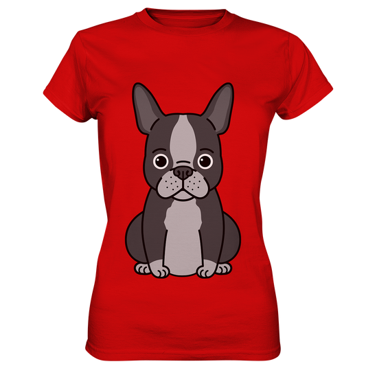 Rotes Ladies T-Shirt mit großem Motiv einer grau-schwarzen französischen Bulldogge auf der Vorderseite