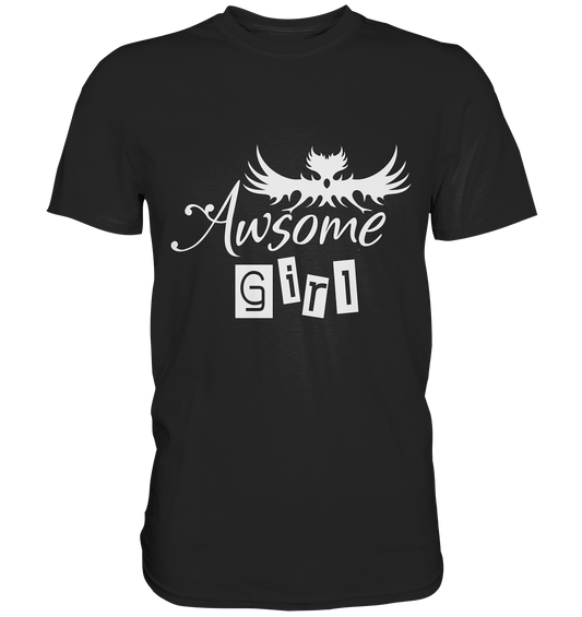 Schwarzes Shirt mit weißem Schriftzug „Awsome Girl“.