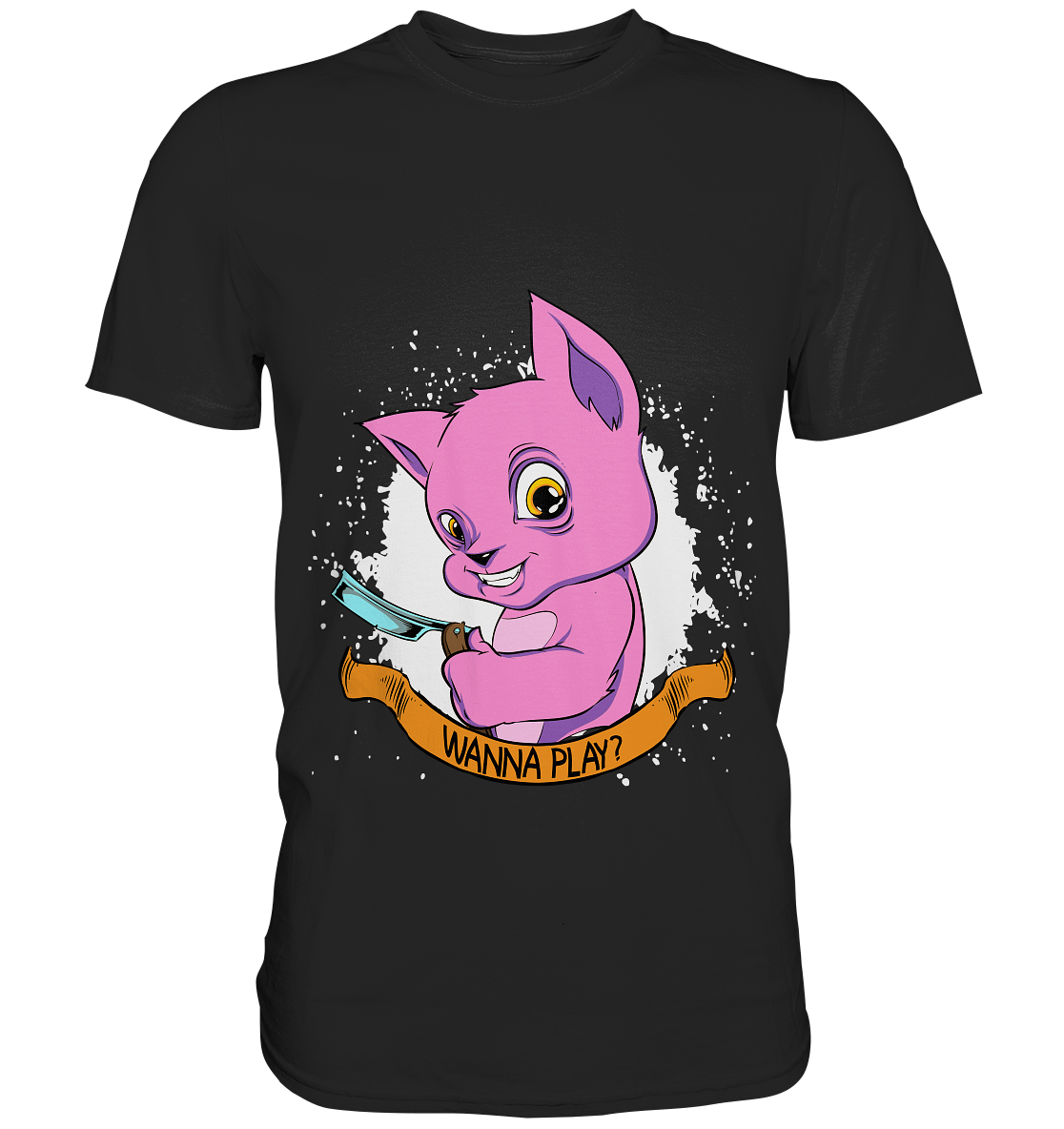 Wanna play? Pinke Katze mit Messer - Unisex Premium Shirt
