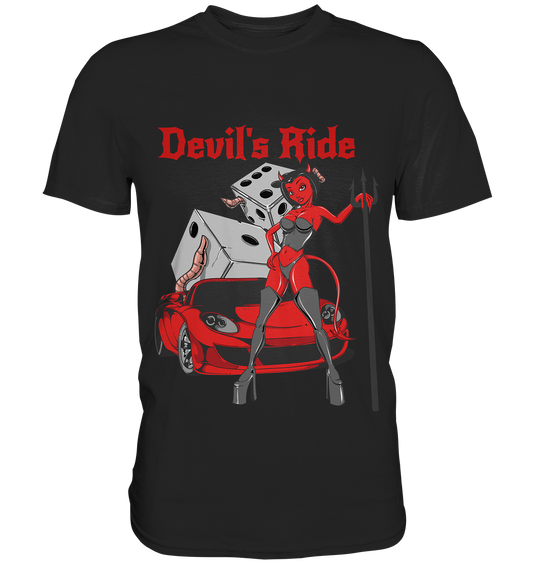 Devils Ride. Teufelin mit Sportwagen und Würfel - Unisex Premium Shirt