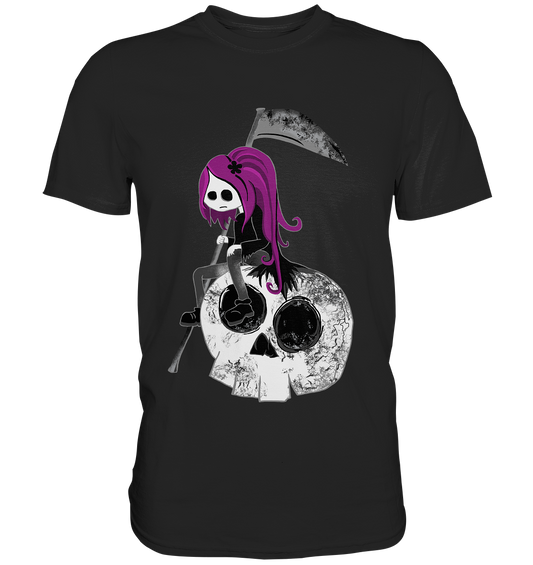 Mädchen mit Sense auf Skull. Gothic - Premium Shirt